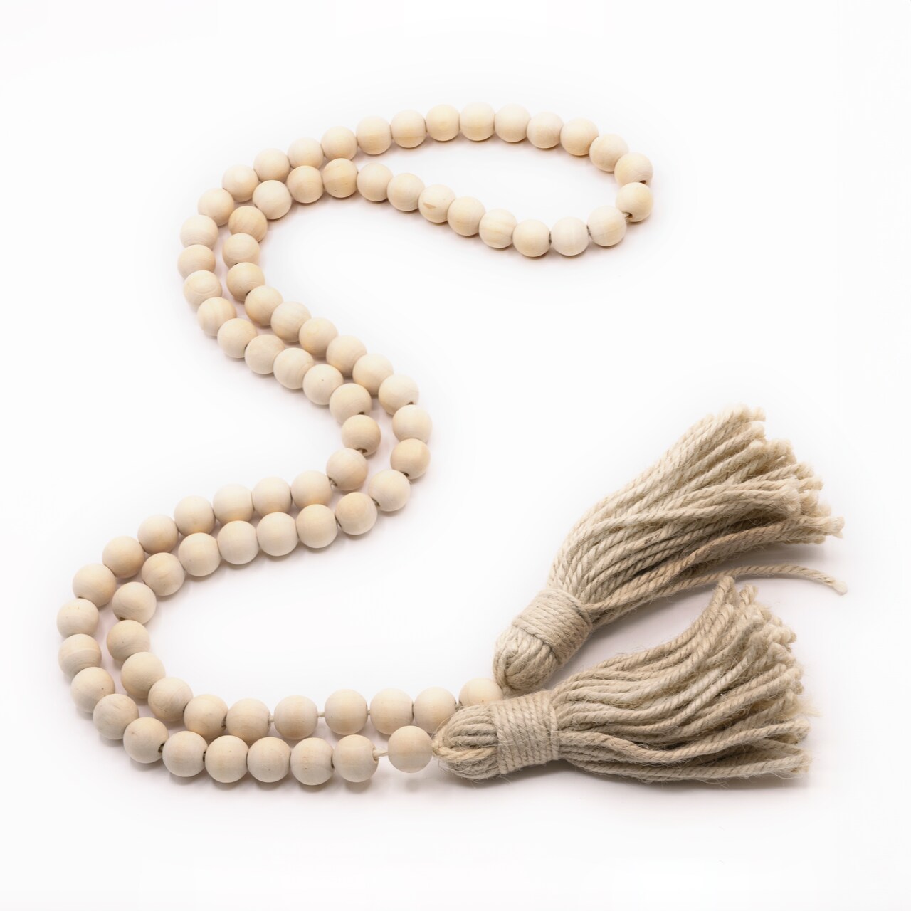Ornativity Farmhouse Beads Wooden Garland- Wood Prayer Bead Garland with Tassels Boho Rustic Accented Home décor Country style hanging beads 60 inches (Natural Wood)